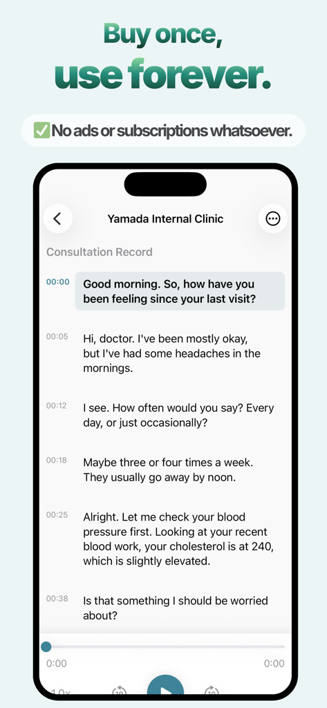Schermo di smartphone che visualizza una trascrizione di consultazione medica nell'app MediNote AI