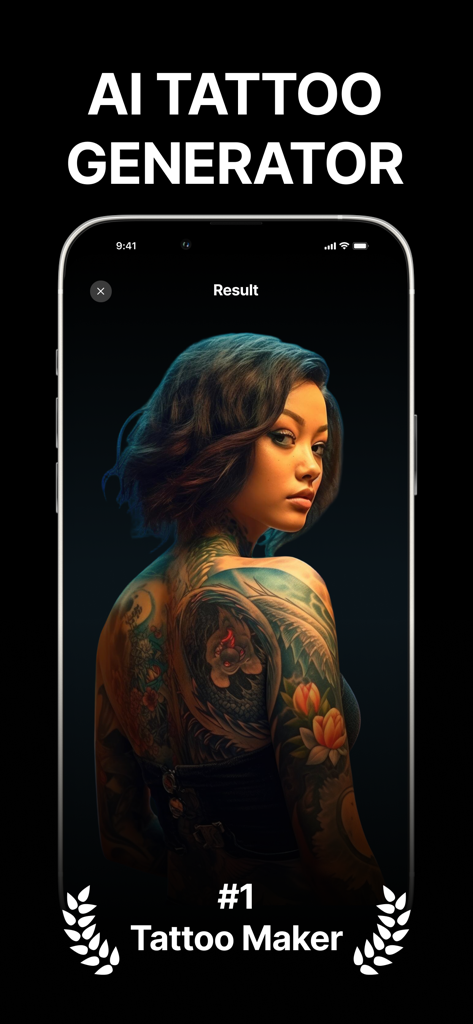 Ink AI: Tattoo Generator - A smartphone screen displaying an intricate AI-generated tattoo design on a woman's back and sleeve within the Ink AI app.