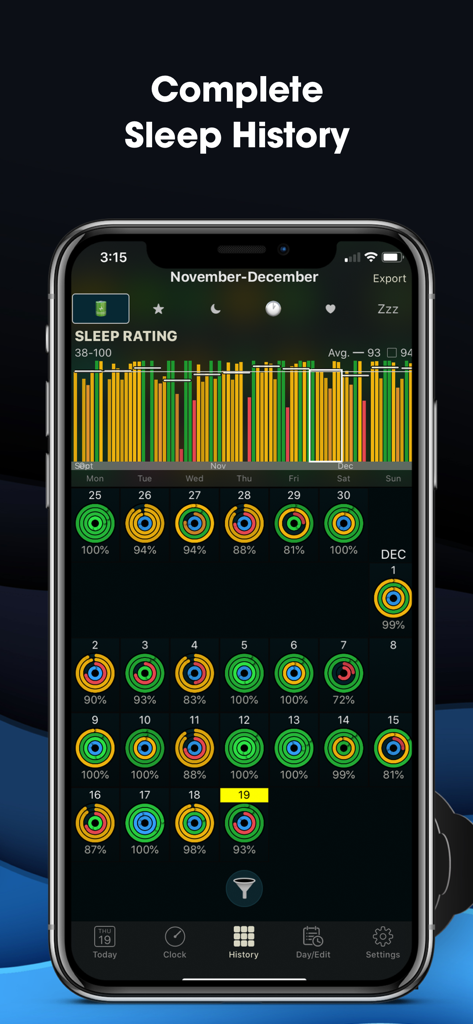 AutoSleep: Watch Sleep Tracker - Application AutoSleep montrant un historique complet du sommeil avec des graphiques d'évaluation et des anneaux d'activité quotidienne sur iPhone