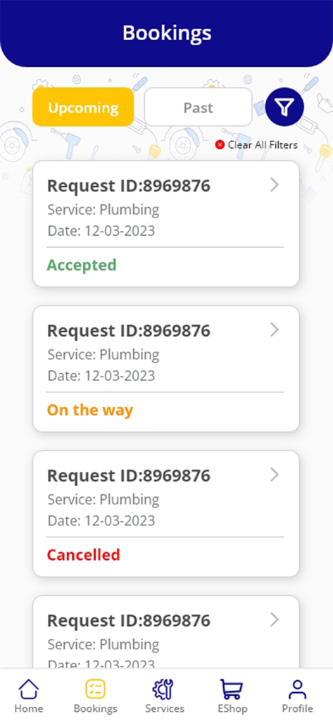 La pantalla de reservas de la aplicación Mend mostrando una lista de solicitudes de servicios de fontanería con estados que incluyen aceptado, en camino y cancelado.