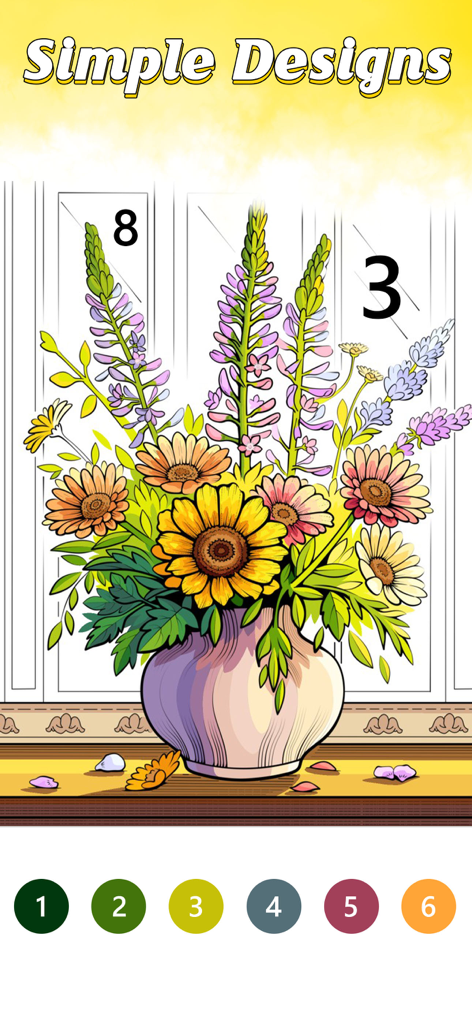 Malen-nach-Zahlen-Illustration einer Blumenvase mit Sonnenblumen und Lavendel