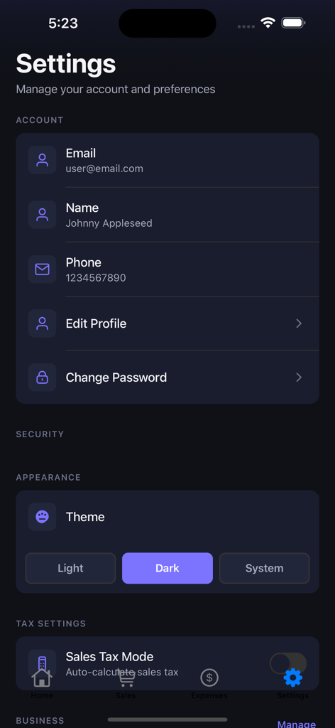 Profit Tracker - Made Simple - Settings screen of the Profit Tracker app featuring account information theme selection between light and dark modes and sales tax settings