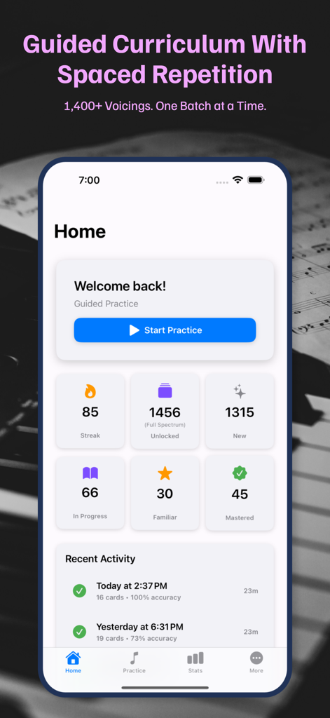 Jazz Piano Voicings - Home screen of the Jazz Piano Voicings app featuring practice statistics and activity logs