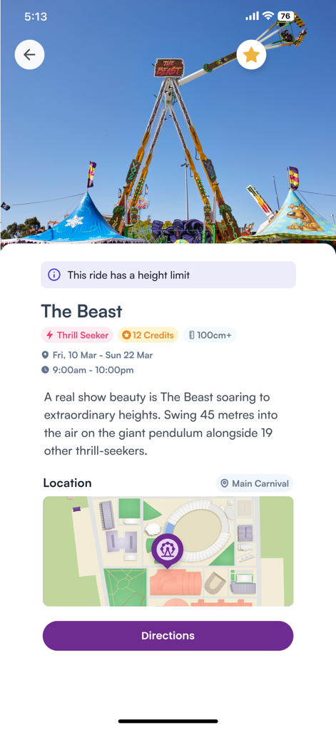 EK Fernandez - Details screen for The Beast ride on the EK Fernandez Fun Pass app showing credit cost, height limits, and a carnival map location.