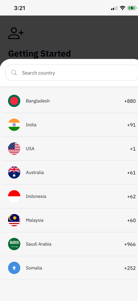 Dermasom - Dermasom app onboarding screen showing a searchable list of countries with flags and international phone codes