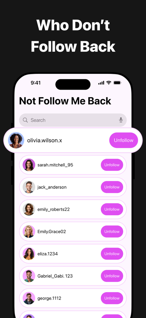 Reports: My Followers Tracker - The Reports app showing a list of social media accounts that do not follow back with unfollow options.