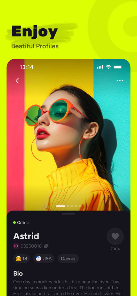 Interfaz de perfil de usuario en la aplicación de videollamadas en línea Wee que muestra la biografía y foto de una joven elegante.