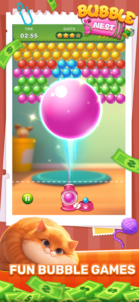 Bubble Nest mobile game interface showing bubble shooter gameplay with a cute orange cat and cash rewards