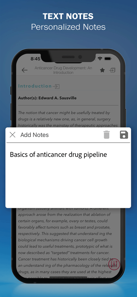 Cancer Pharmacology Manual - Interfaz que muestra la función de notas de texto personalizadas dentro de la aplicación móvil Manual de Farmacología Oncológica.