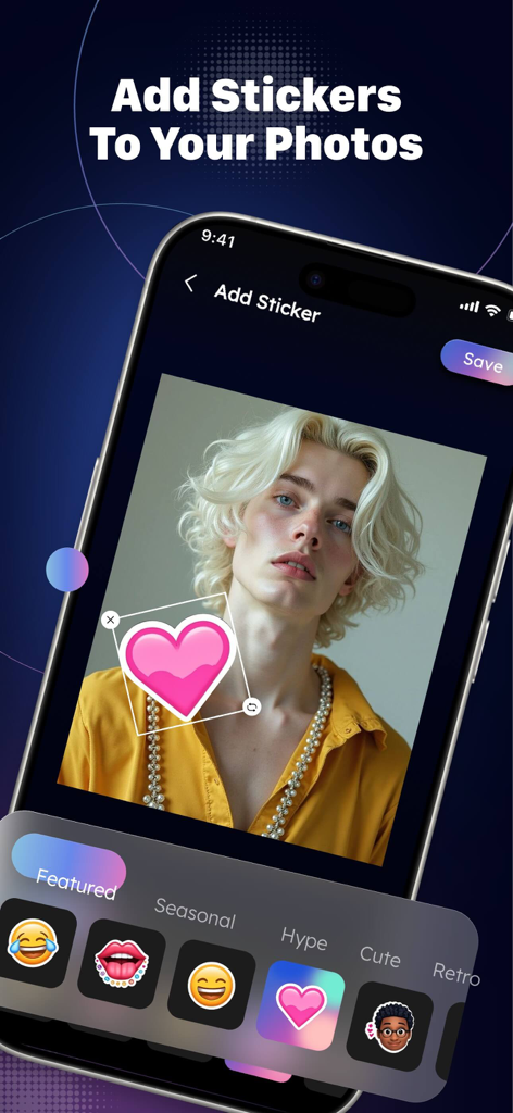 SnapMaster: Storage Cleaner - SnapMaster app interface showing a heart sticker being placed on a portrait photo
