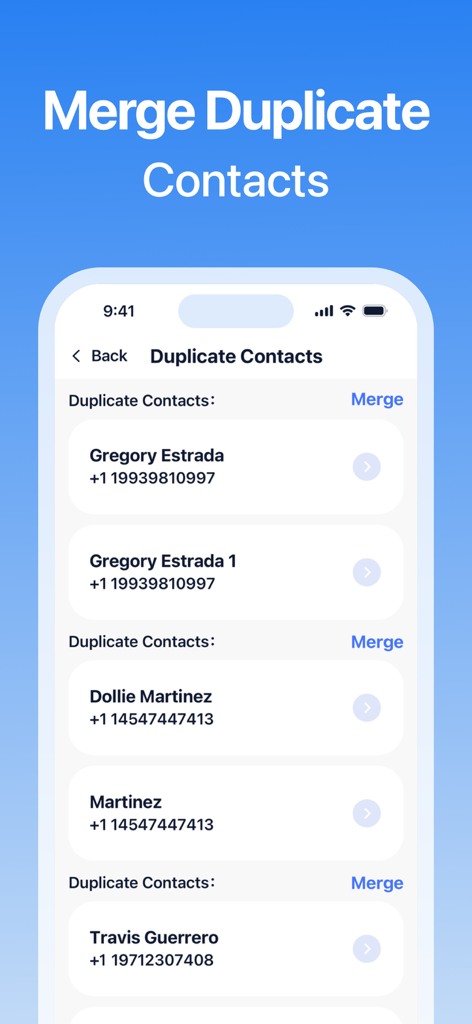 Screenshot of the Easy Cleaner app showing the Merge Duplicate Contacts feature with a list of duplicate names and phone numbers.