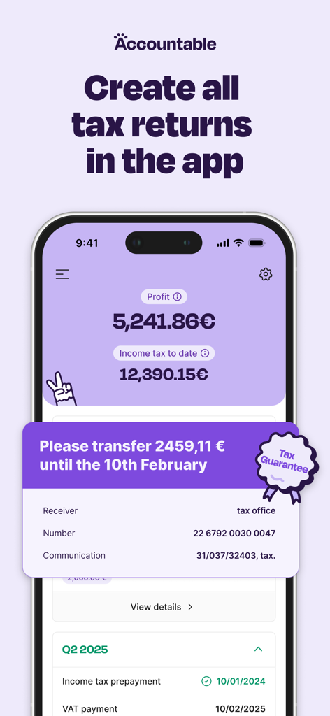 Smartphone screen showing the Accountable app interface for managing tax returns and profit tracking for freelancers