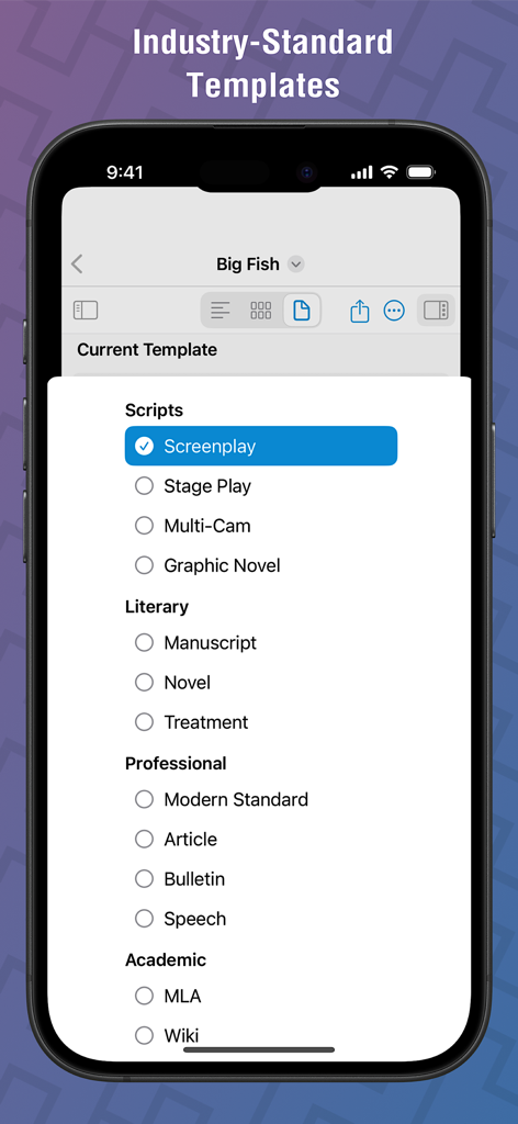 Highland Pro - Highland Pro interface displaying various writing templates for scripts and literature