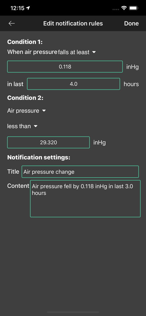 Barometer Plus - Altimeter - Interface for setting custom notification rules for air pressure changes in the Barometer Plus app