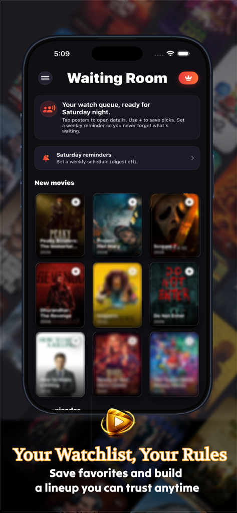 Cinema Box : Movies & Showbox - Cinema Box app interface showing the Waiting Room feature with a movie watchlist and Saturday night reminders