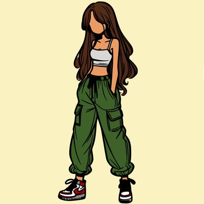 girl in baggy pants crop top and long hair