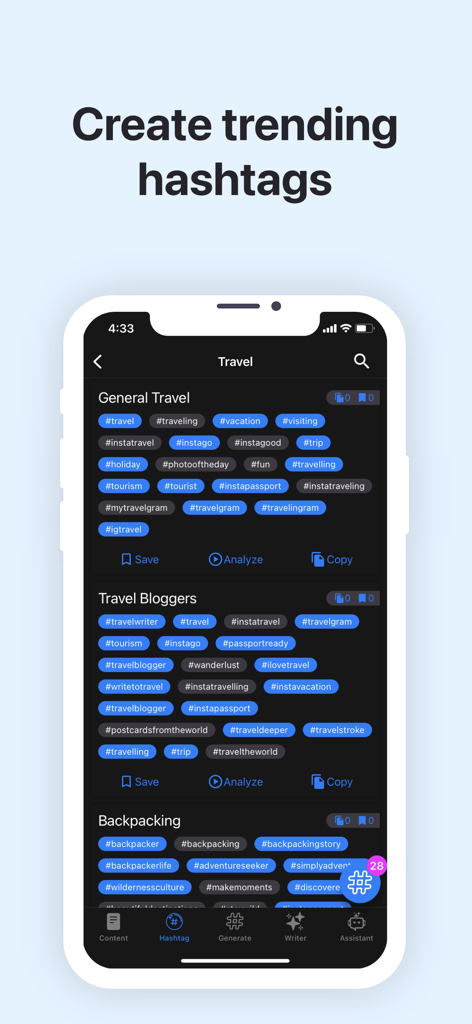 Hashtag Smart: AI Like Booster - Interfaz de la app Hashtag Smart que muestra hashtags de tendencia categorizados para temas de viajes.