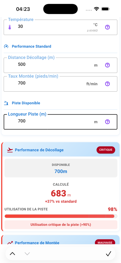 Interface of the Aircraft Perf Calculator app showing a critical takeoff performance alert