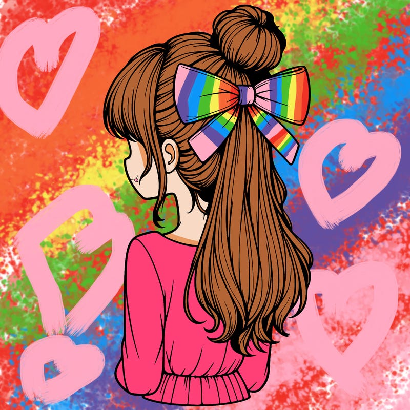 realistic girl  with hip length hair a bun and a big bow on the back of head