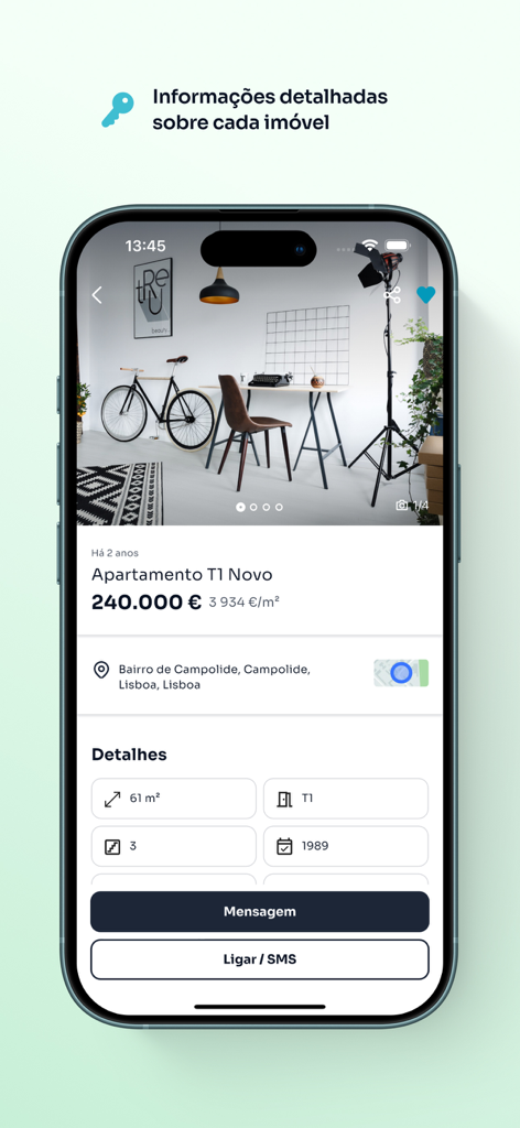 Vista detallada en la aplicación móvil de un listado de bienes raíces en Lisboa que presenta precio de propiedad, área y botones de contacto