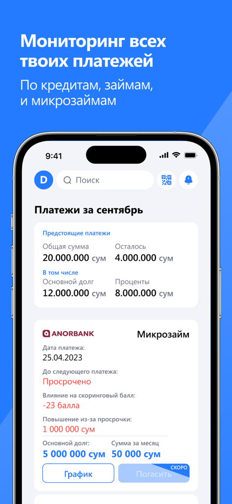 Finq - Dashboard of the Finq app showing credit payment tracking and scoring details in Russian