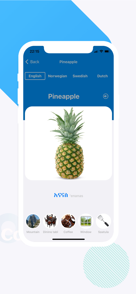 Amharic: Learn 12 Languages - Schermata di un'app dizionario Amarico-Italiano che mostra la traduzione in Amarico di "ananas" con un'immagine
