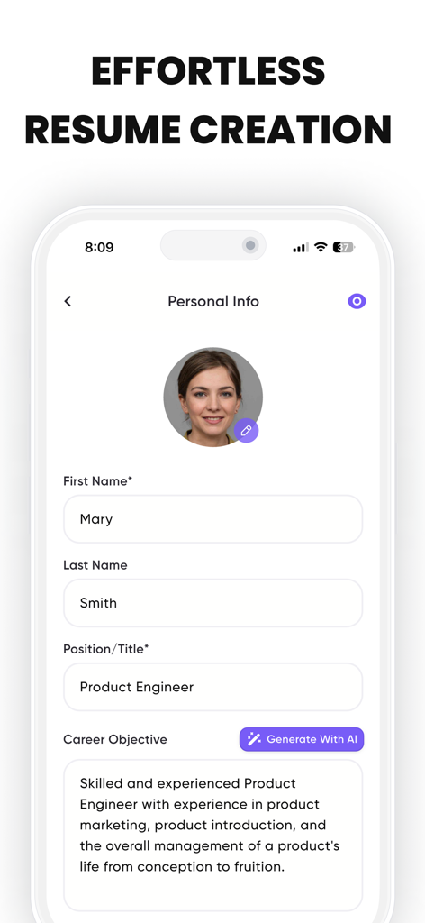 Resume io - Resume io app screenshot showing personal info form with AI resume builder feature