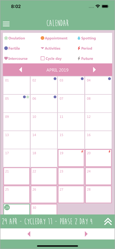 My Pregnancy Wish - Monthly calendar view in My Pregnancy Wish app tracking fertility and cycle phases