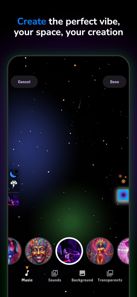 Interface do aplicativo móvel para personalizar climas visuais com seleção de música e plano de fundo