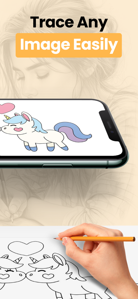 AR Drawing - Paint & Draw - A hand tracing a unicorn illustration from a smartphone screen onto physical paper using a pencil