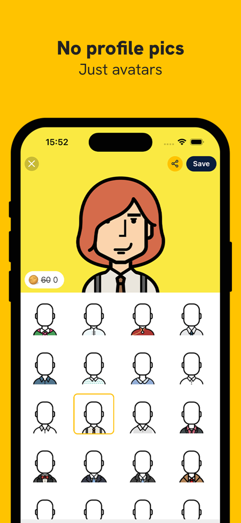 Interface mobile pour créer un avatar personnalisé dans l'application Slowly au lieu d'utiliser une photo de profil