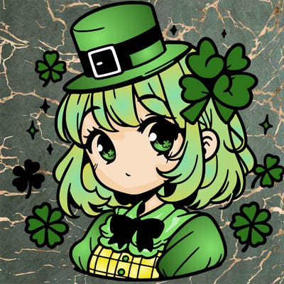 a manga-style girl with clovers around her, a little hat in her hair, like it's saint patrick's day