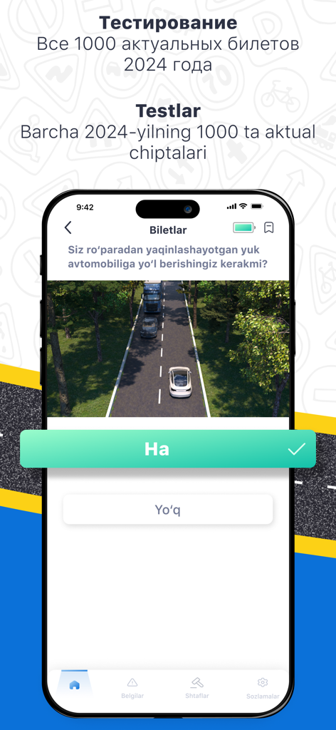 Emyat: ПДД Узбекистан YHQ - Emyat app screen showing a traffic rule test question with a road simulation image