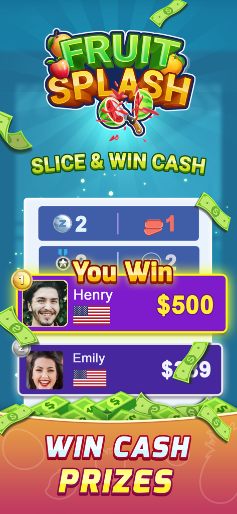 Fruit Splash: Slice & Win Cash - Fruit Splash game screen showing winners Henry and Emily with cash prizes of 500 and 239 dollars respectively.