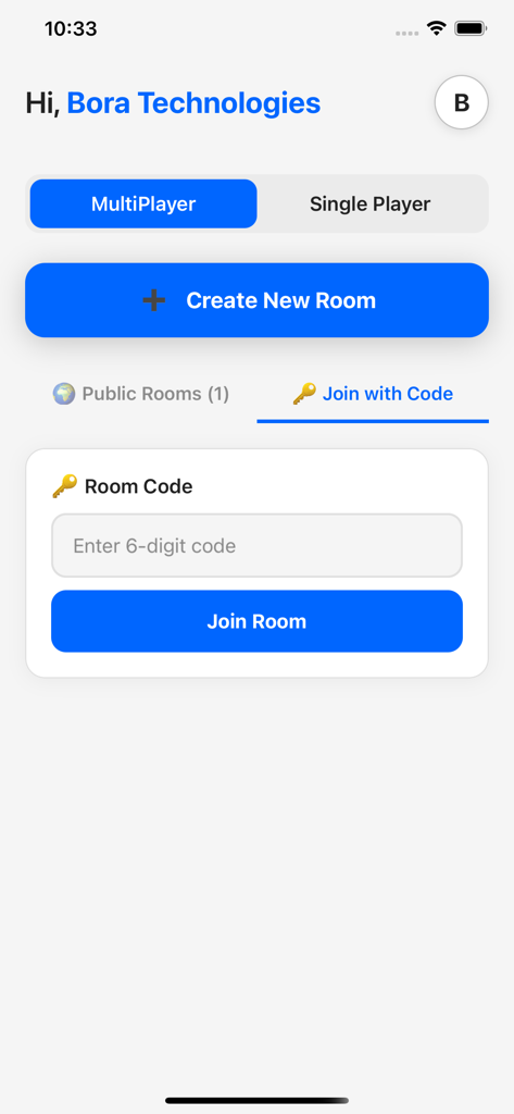 Name Place Animal Thing - The multiplayer screen of Name Place Animal Thing showing options to create a room or join one using a 6-digit code.