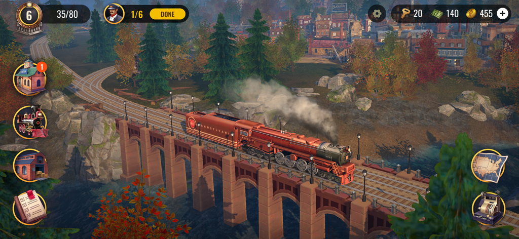 Railroad Empire: Train Game - Une locomotive à vapeur rouge traversant un pont en pierre dans Railroad Empire Train Game