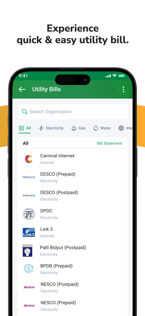 PI Banking app utility bills screen showing a list of electricity gas and internet providers in Bangladesh
