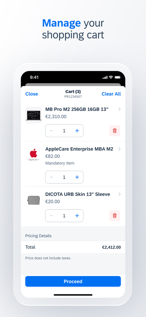SAP Ariba Shopping - Pantalla móvil que muestra el carrito de compras en SAP Ariba Shopping con artículos como un portátil y accesorios listos para compras corporativas.
