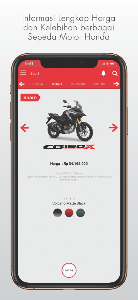 welovehonda - Smartphone screen showing the welovehonda app with price and color options for a Honda CB150X motorcycle