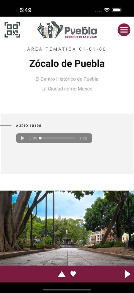 La Ciudad Como Museo - Informational screen for the Zocalo de Puebla featuring an audio player and city photography.