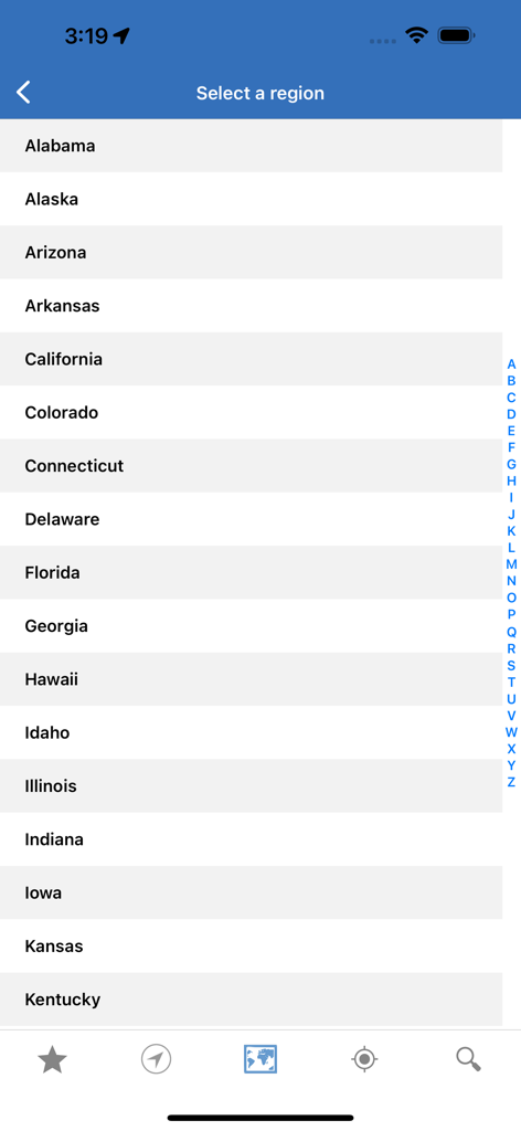 NOAA Aviation Live Sky Weather - Select a region screen showing a list of US states for aviation weather data in the NOAA app
