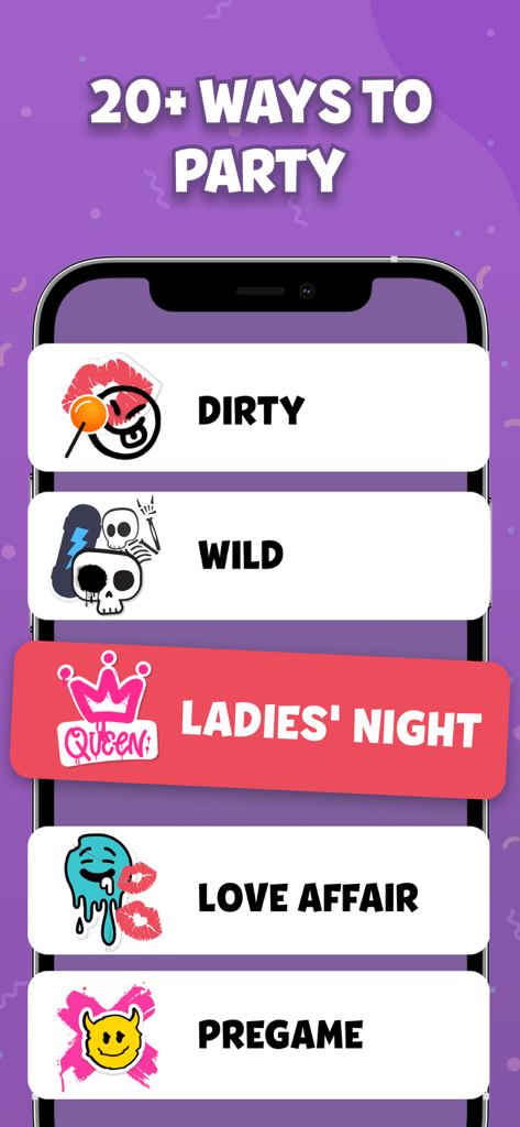 Party Roulette: Group games - Écran de l'application Party Roulette affichant des modes de jeu comme Dirty Wild et Ladies Night