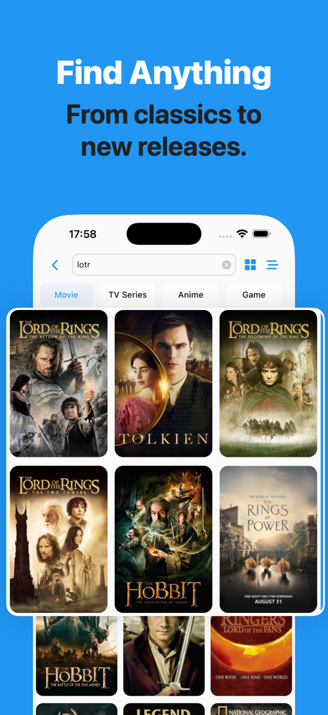 Watchlistfy: Track & Discover - Watchlistfy app search interface showing results for Lord of the Rings movies