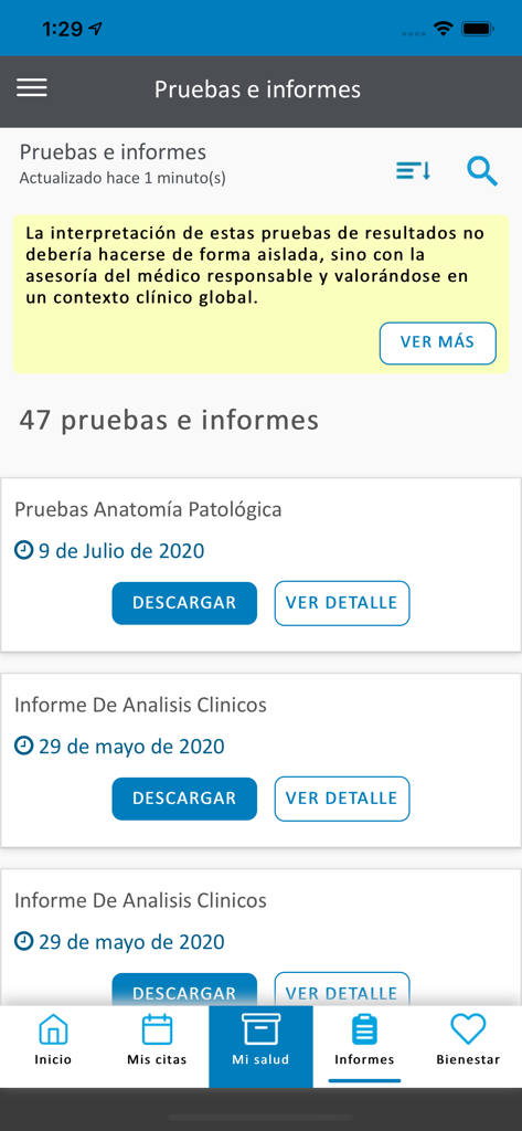 H.U. General de Villalba - Mobile app screen showing a list of medical reports and test results with download options