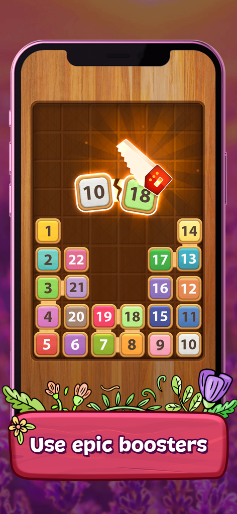 Merge Wood: Block Puzzle - Gameplay screenshot of Merge Wood Block Puzzle showing a saw booster merging numbered wooden blocks on a grid