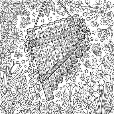 Celebrate the beauty of spring and music with this stunning adult coloring page featuring a highly detailed pan flute. Adorned with delicate patterns and surrounded by a lush floral garden, this design offers a truly immersive coloring experience.