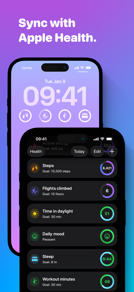 Awesome Habits: Habit Tracker - Awesome Habits app interface showing health data synchronization and iOS lock screen widgets.
