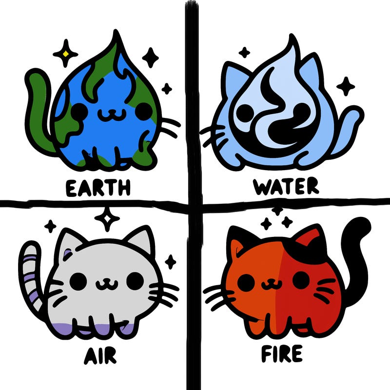 4 cats that represent the different elements, earth, water, air, and fire