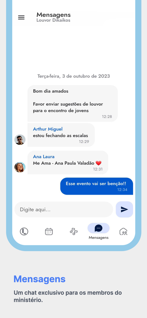 LouveApp - Interface de chat móvel do LouveApp mostrando mensagens entre membros da equipe de louvor da igreja