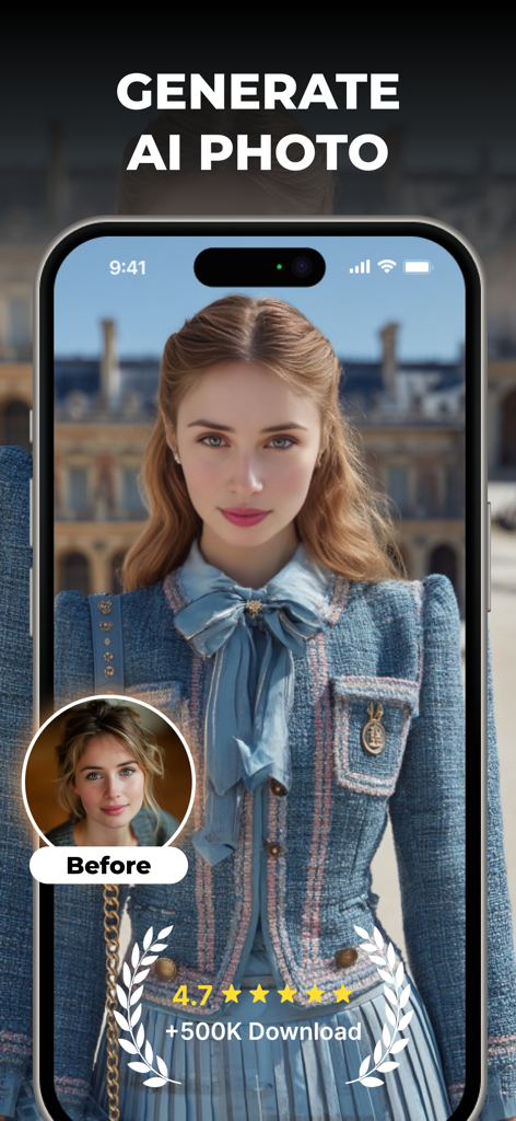 FaceAI - AI Photos & Face Swap - A before and after comparison of a professional AI generated portrait in the FaceAI app